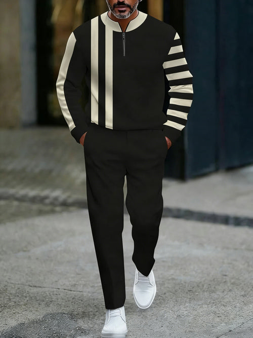 Men's Casual Apricot & Black Color Matching Striped Printed Round-Neck Zipper Long Sleeved Tops & Trousers Two-Piece Set