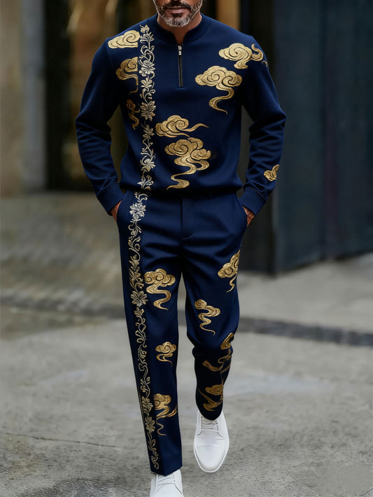Men's Casual Color Matching Printed Round-Neck Zipper Long Sleeved Trousers Two-Piece Set