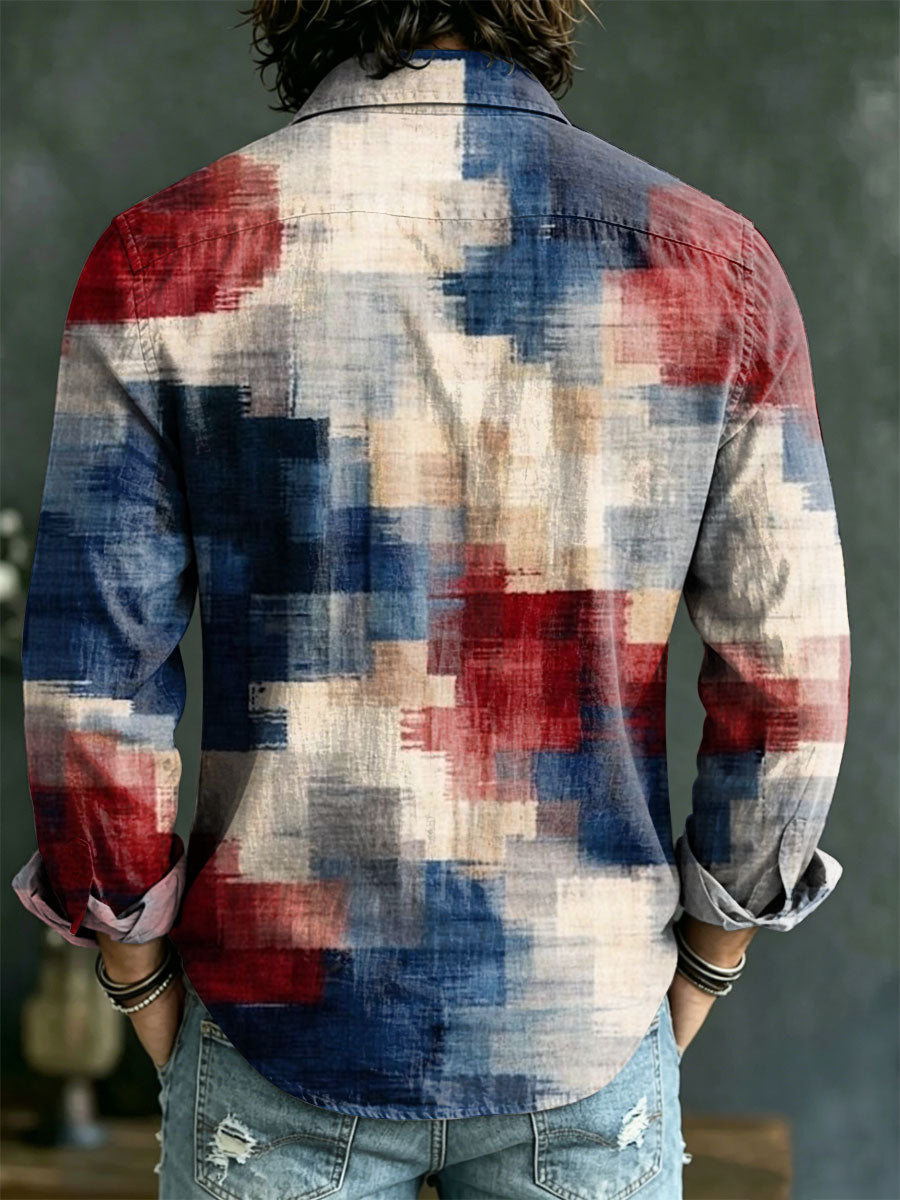 Men's Independence Day Patterns Casual Art Print Long Sleeved Collared Cotton Shirt