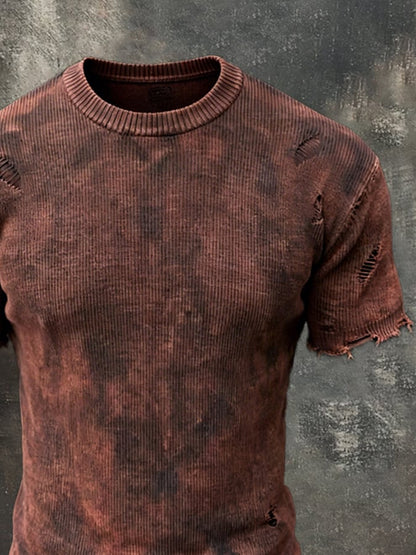 Men's Retro Washed Distressed Ripped Knit Short-Sleeve T-Shirt