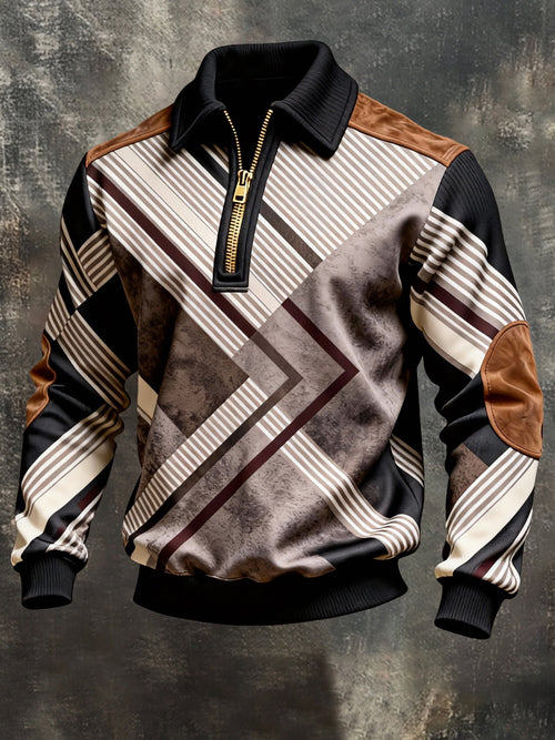 Men's Vintage Color-Block Printed Zip-Up Hoodie