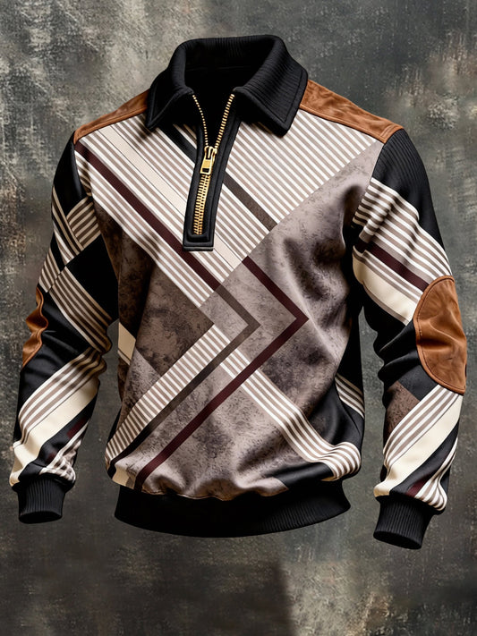 Men's Vintage Color-Block Printed Zip-Up Hoodie