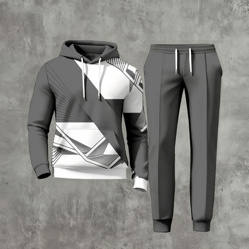 Men's Casual Gray Geometric Patterns Long-Sleeve Hoodies Sweatshirt & Trousers Two-Piece Set