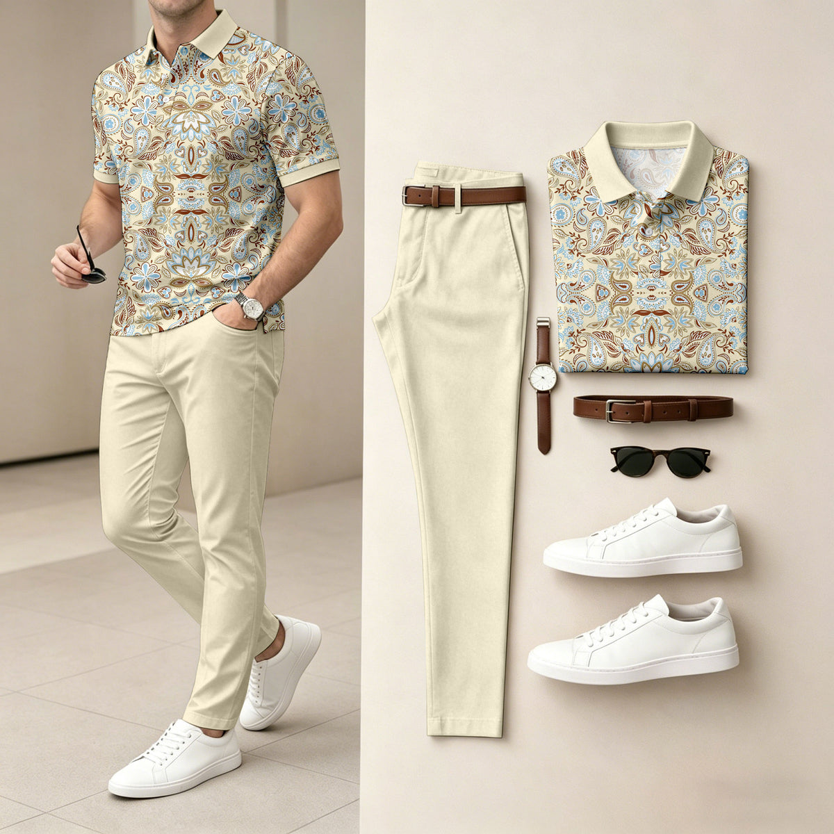 Men's Abstract Print Short-Sleeve Polo Shirt and Pants Set