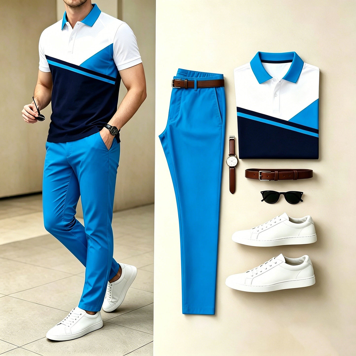 Men's Casual Blue White Diagonal Splice Polo Shirt & Long Pants Two-Piece Set