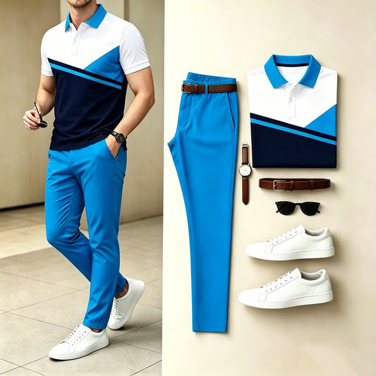 Men's Casual Blue White Diagonal Splice Polo Shirt & Long Pants Two-Piece Set