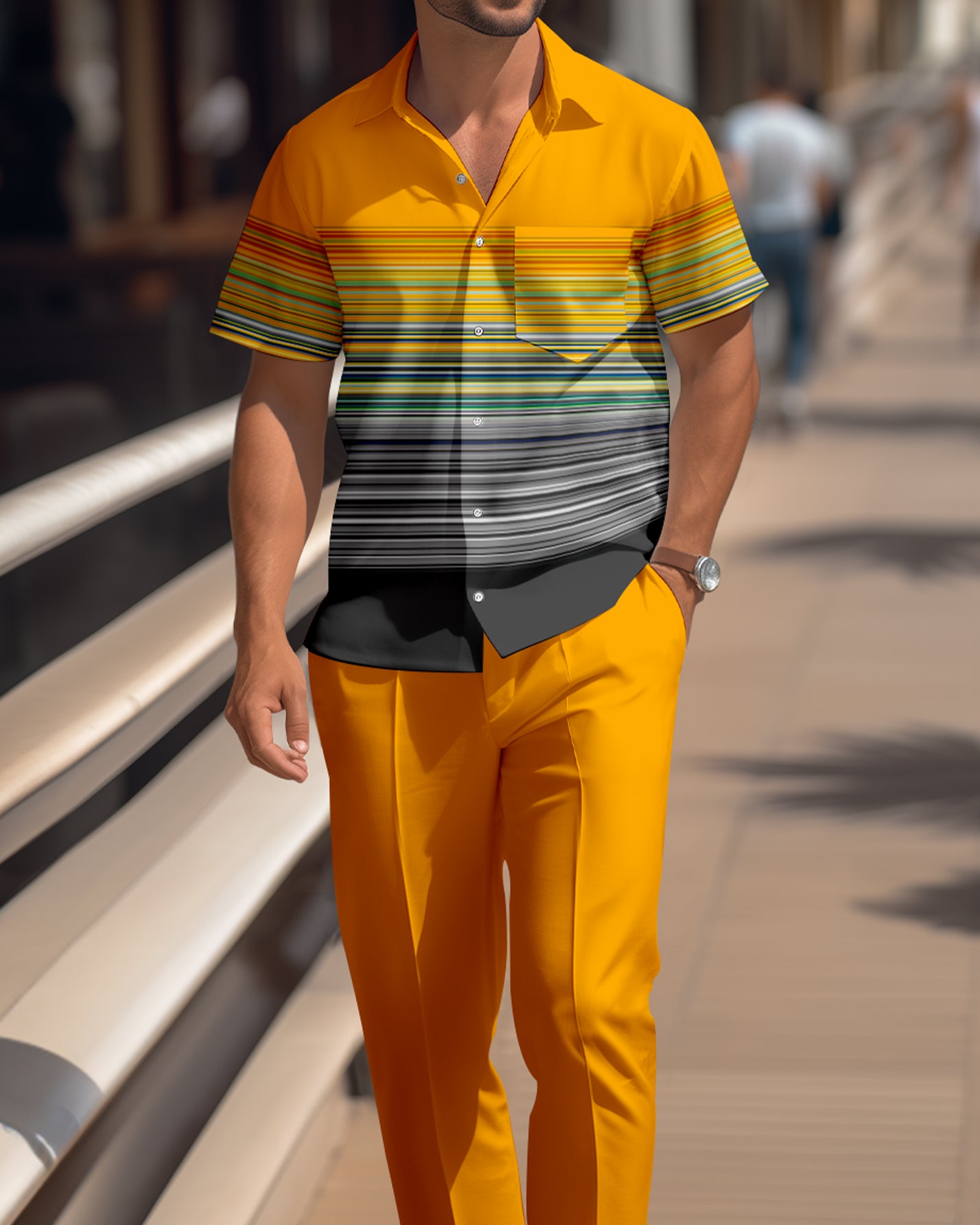 Men's pinstripe colorblock short-sleeved shirt casual wear 1666