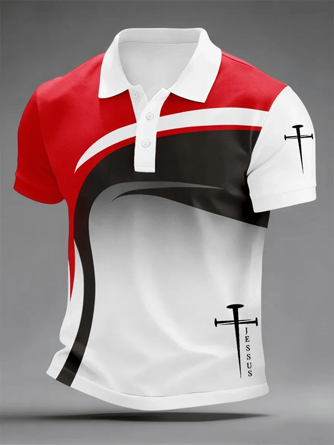 Men's Retro Faith Cross Print Casual Polo Shirt