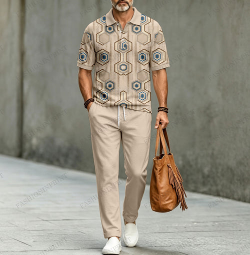 Men's Casual Polka-Dot Print Short-Sleeve Polo Shirt and Pants Two-Piece Set