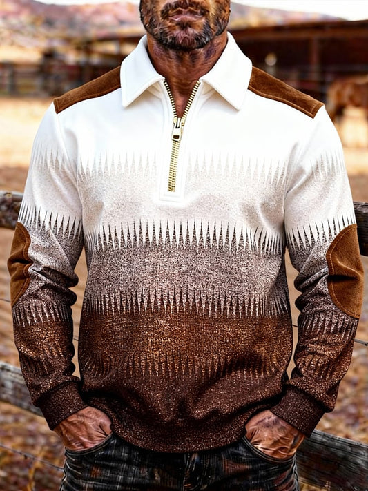 Men's Retro Color Block Print Zipper Sweatshirt