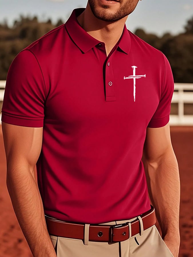 Men's Retro Faith Cross Casual Printed Polo Shirt