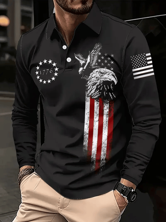 Men's Vintage American Flag Print Long Sleeve Polo Shirt
