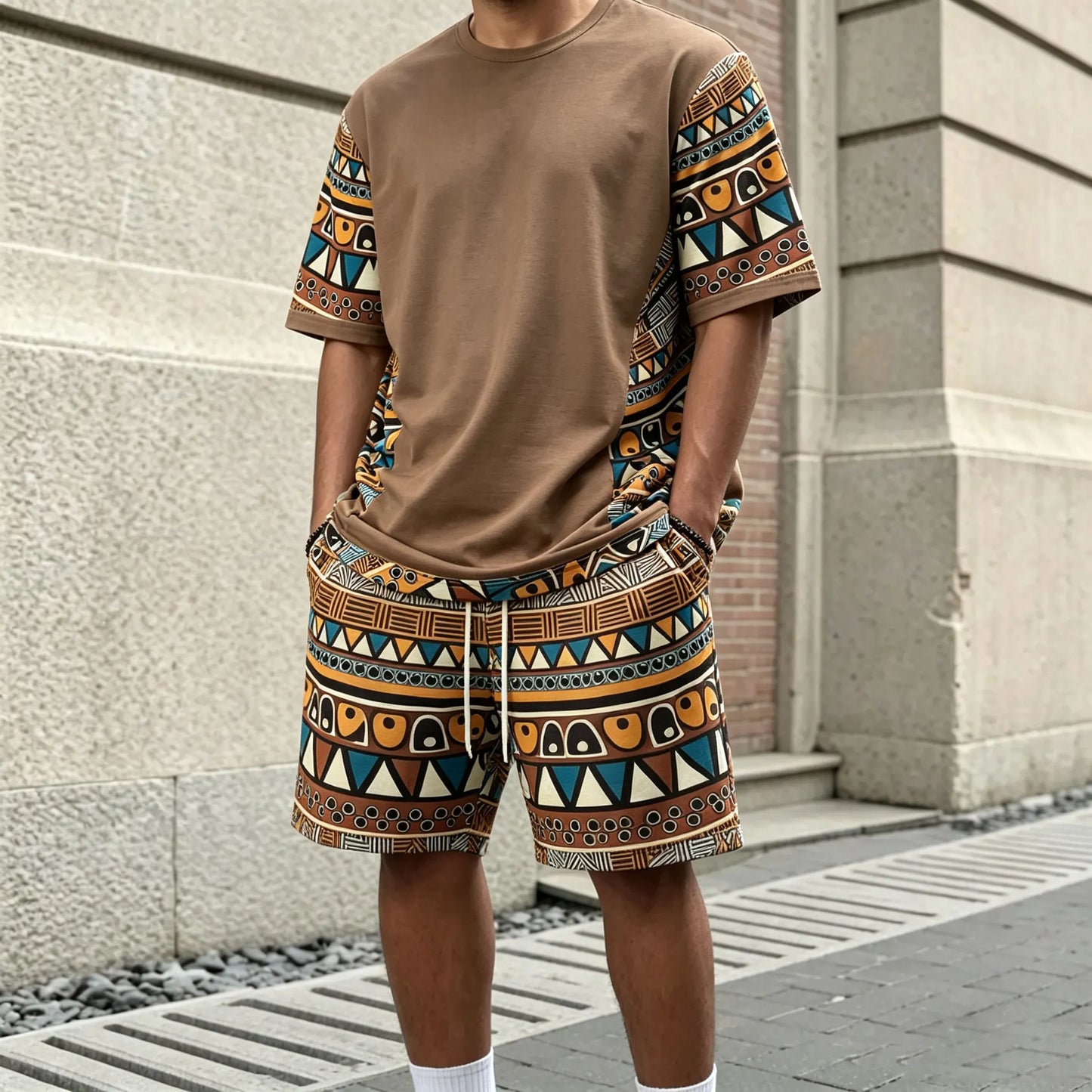 Men's Dark Brown Printed Crew-Neck Short-Sleeve T-Shirt and Shorts Set