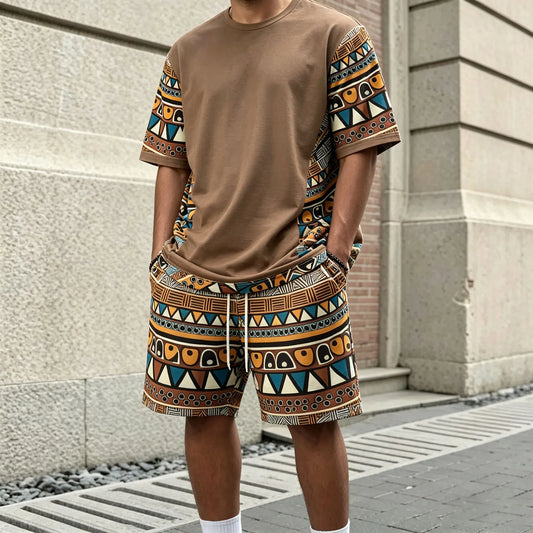 Men's Dark Brown Printed Crew-Neck Short-Sleeve T-Shirt and Shorts Set