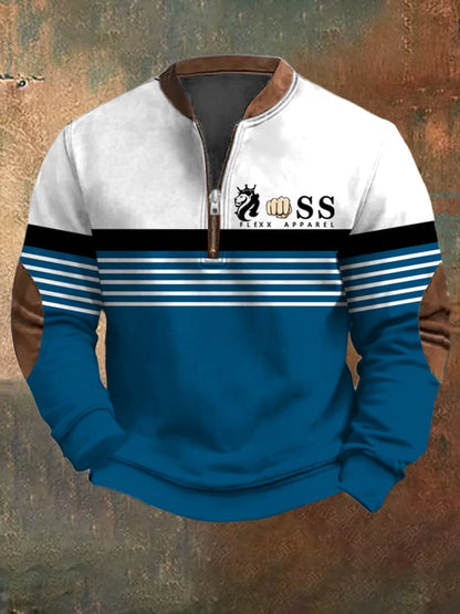 Men's Retro Letter Design Printed Casual Zipper Collar Long-Sleeved Sweatshirt