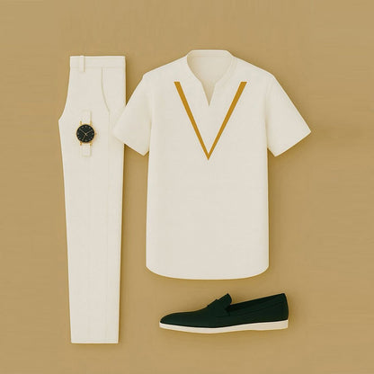 Men's Casual Color Matching Printed Short Sleeved V-Neck T-Shirt & Trousers Two-Piece Set