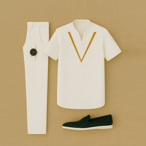 Men's Casual Color Matching Printed Short Sleeved V-Neck T-Shirt & Trousers Two-Piece Set