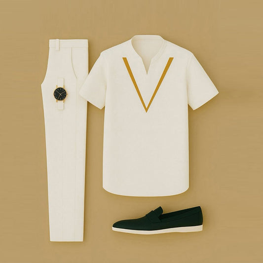 Men's Casual Color Matching Printed Short Sleeved V-Neck T-Shirt & Trousers Two-Piece Set