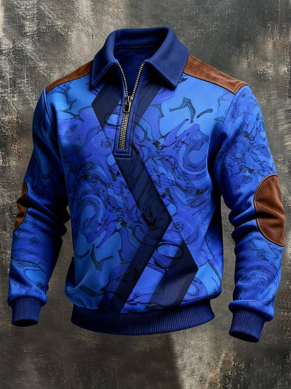 Men's Retro Color Block Print Color-Blocked Zip-Up Sweatshirt