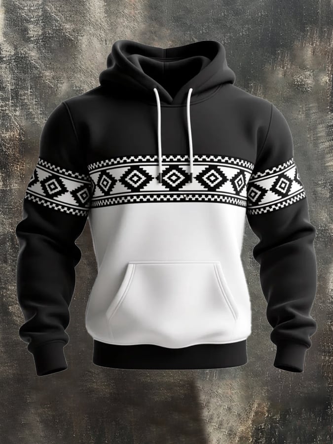 Men's Retro Distressed Contrast Color Hooded Casual Sweatshirt Set