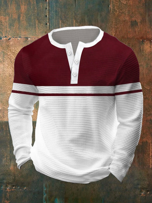 Men's Vintage Waffle Color Patch Henley Neck T-Shirt