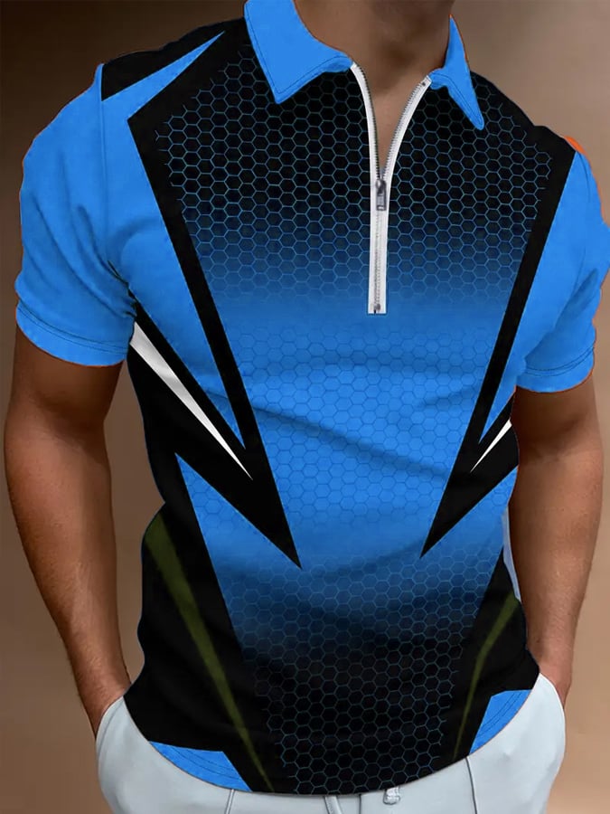 Men's Casual Color Block Zip-Up Polo Shirt