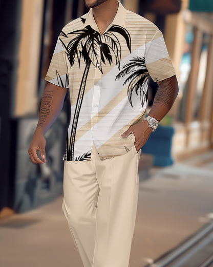 Men's Retro Colorblock Short Sleeve Shirt Walking Suit 1162
