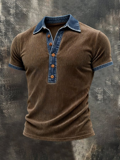 Men's Retro Distressed Patchwork Denim Color Block Short-Sleeve Top