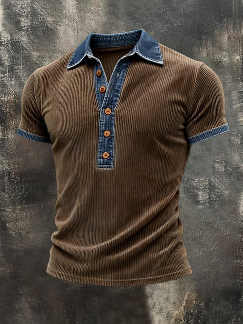 Men's Retro Distressed Patchwork Denim Color Block Short-Sleeve Top