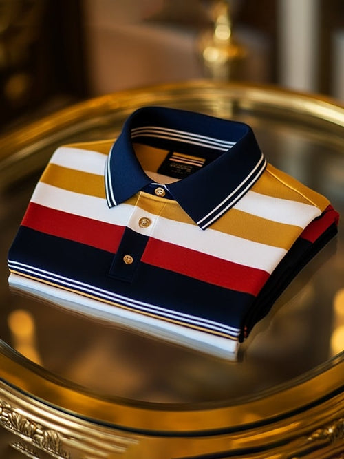 Men's Retro Business Stripe Print Long Sleeve Polo Shirt