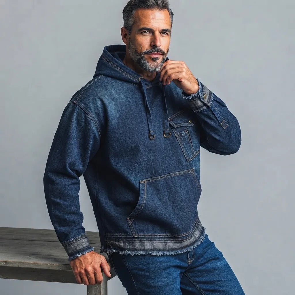 Men's Dark Blue Chest Pocket Frayed Hem Drawstring Pullover Denim Hoodie