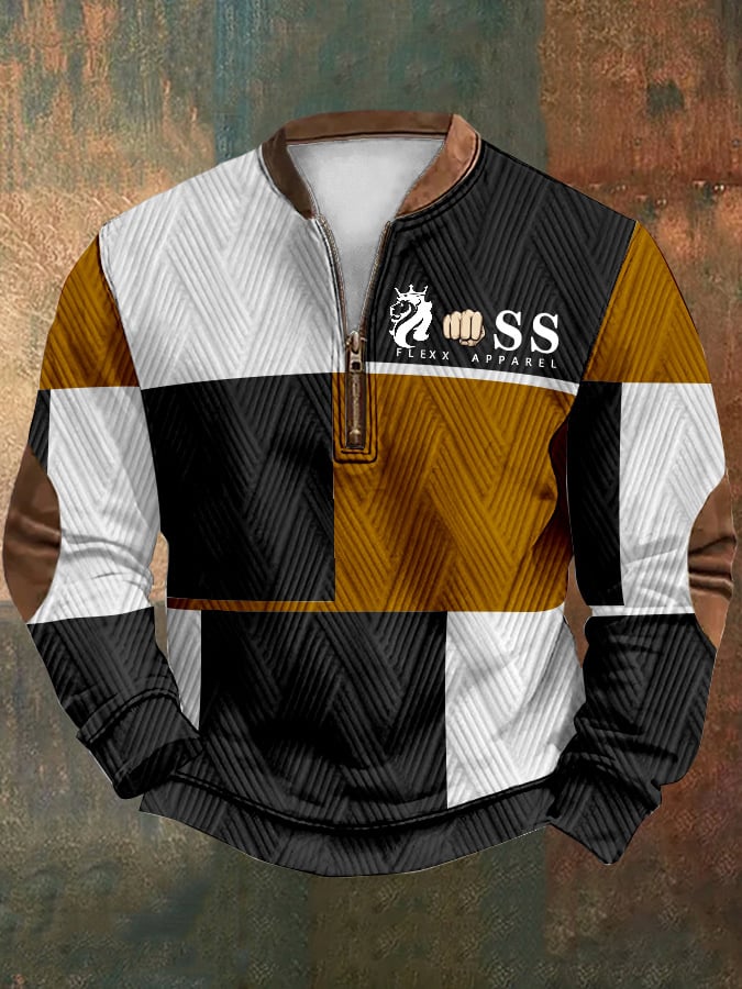 Men's Retro Lettering Design Zipper Neck Knit Sweatshirt