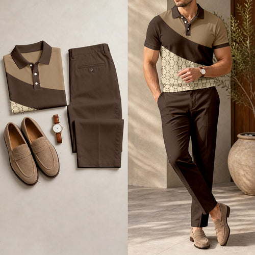 Men's Casual Dark Brown Plaid Printed Polo Shirt And Pants Two-Piece Set