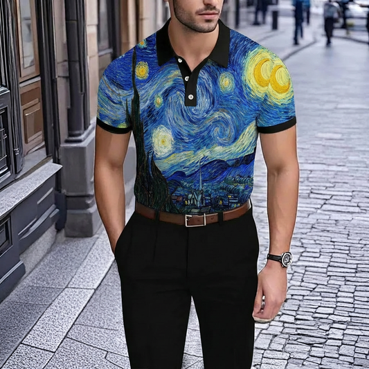 Men's Retro Blue Oil Painting Print Short-Sleeve Polo Shirt
