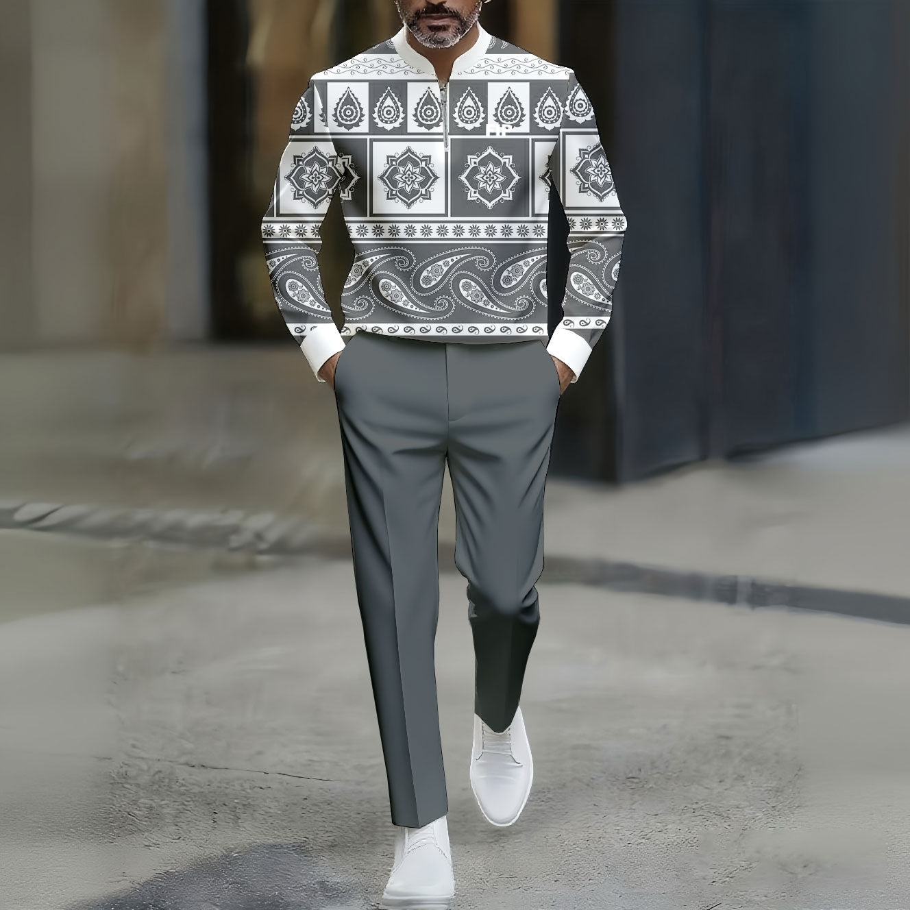 Men's Gray & White Casual Color Matching Viking Printed Round-Neck Zipper Long Sleeved Trousers Two-Piece Set