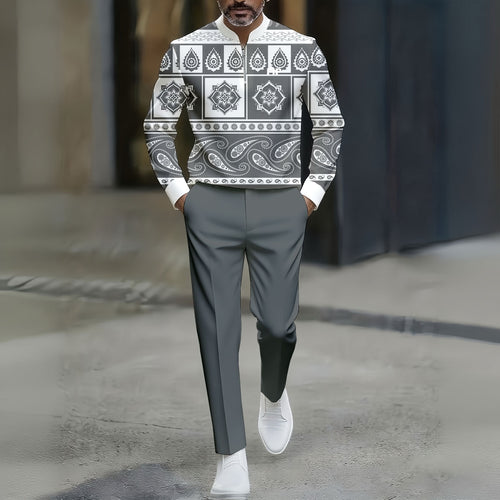 Men's Gray & White Casual Color Matching Viking Printed Round-Neck Zipper Long Sleeved Trousers Two-Piece Set