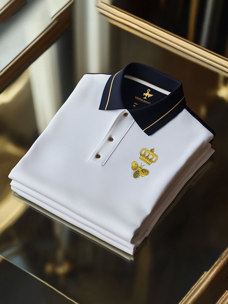 Men's Classic Business Check Logo Button Short Sleeve Polo Shirt