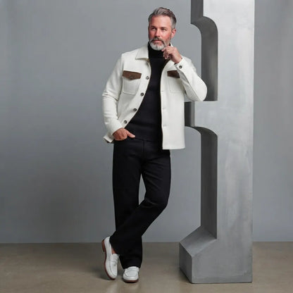 Men's White Contrast Flap Pockets Turndown Collar Single Breasted Slim Jacket