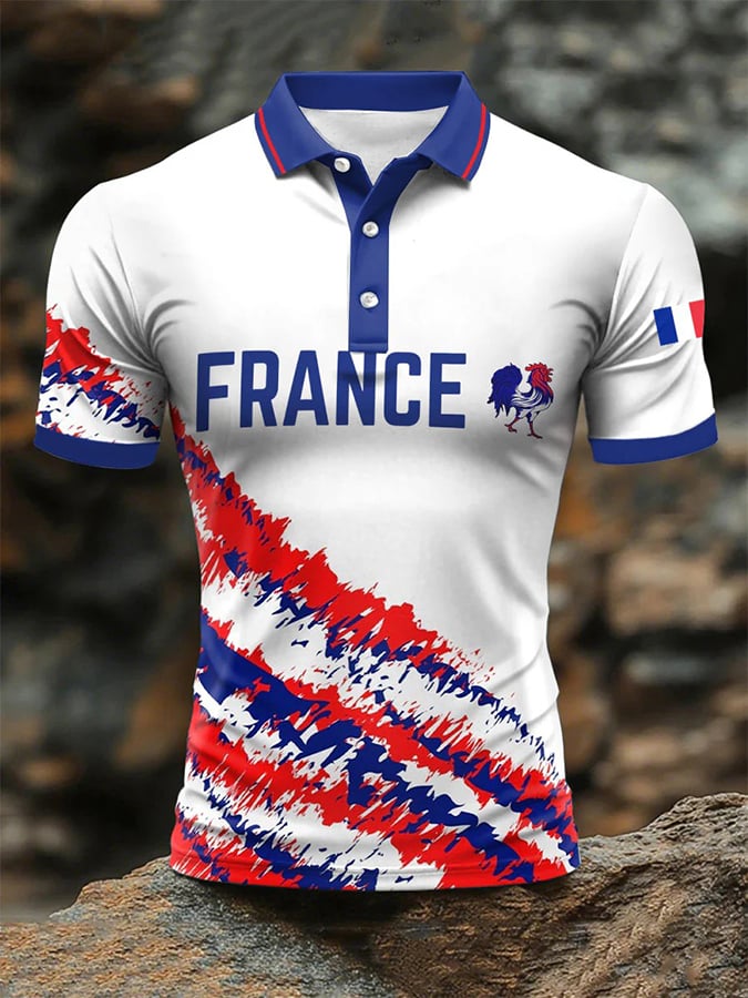 Men's Short Sleeve French Contrast Print Button POLO Shirt