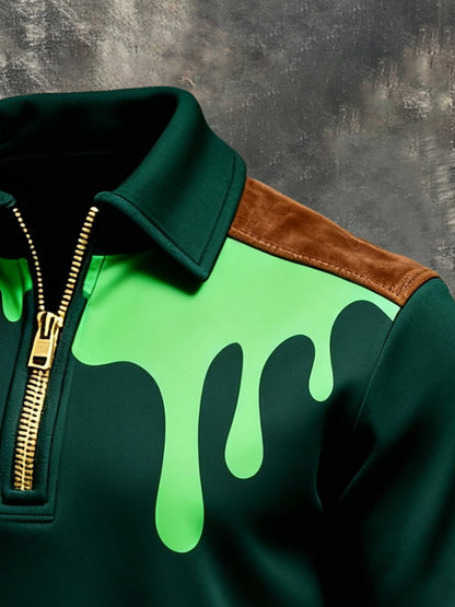Men's Retro Color Block Print Color-Blocked Zip-Up Sweatshirt