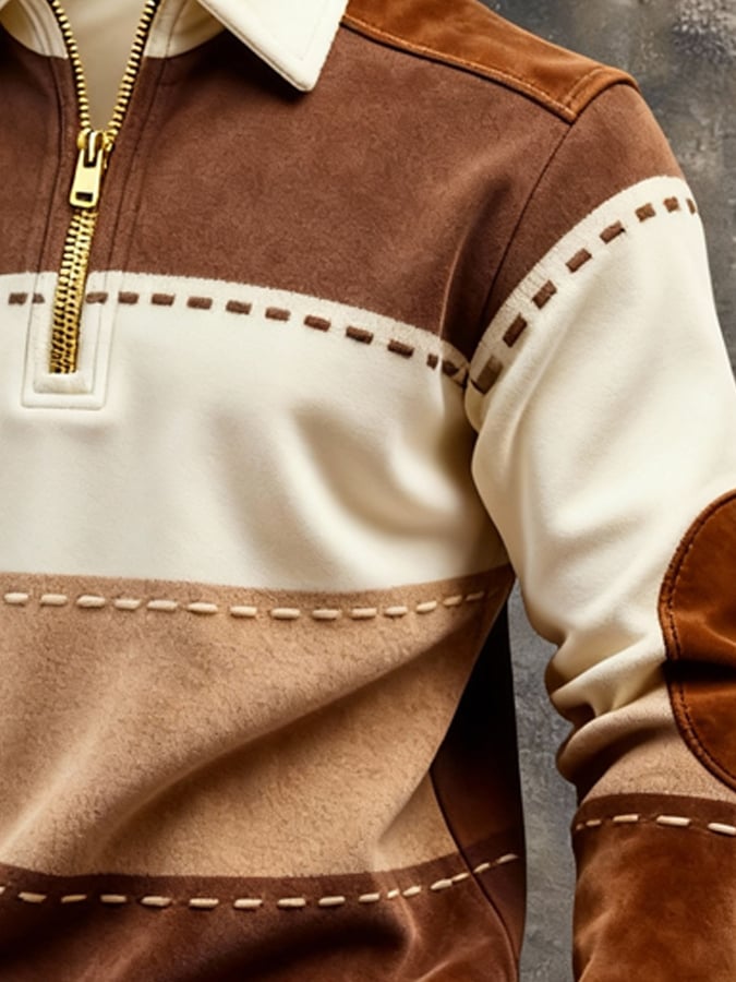 Men's Retro Color Block Print Color-Blocked Zip-Up Sweatshirt