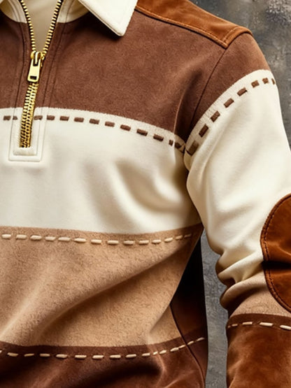 Men's Retro Color Block Print Color-Blocked Zip-Up Sweatshirt