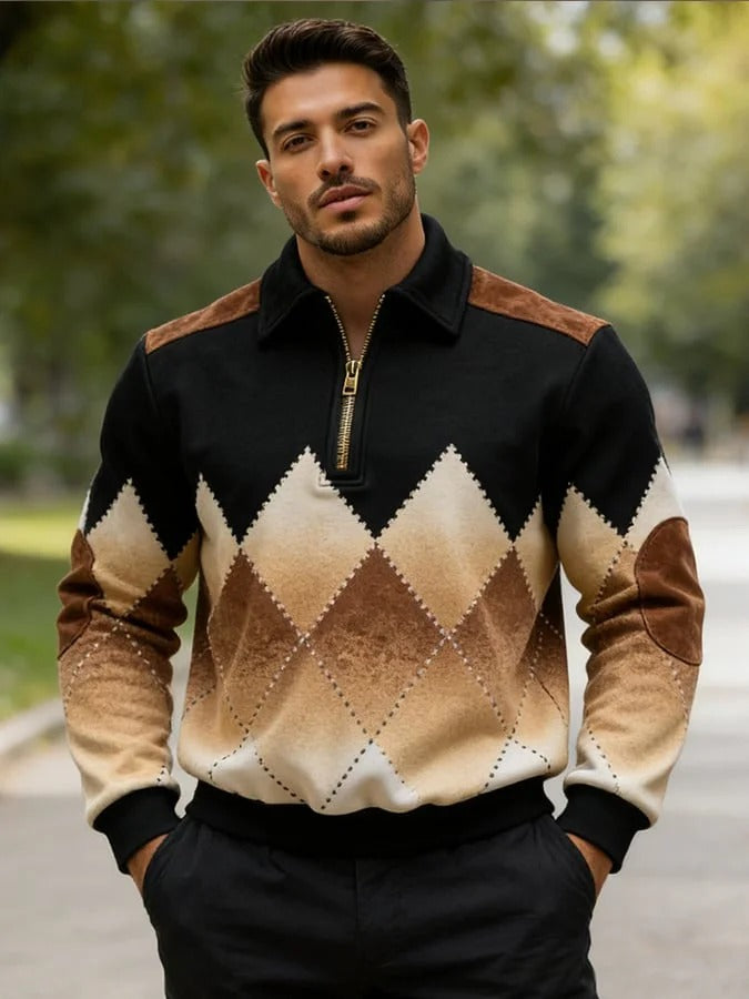 Men's Retro Color Block Print Zipper Sweatshirt