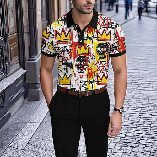 Men's Retro White Crown Print Short-Sleeve Polo Shirt