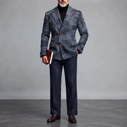 Men's Stylish Dark Blue Colorblock Houndstooth Peak Lapel Toggle Closure Frayed Edge Woolen Blazer
