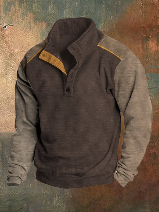 Men's Fleece Retro Color Patchwork Stand Collar Sweatshirt