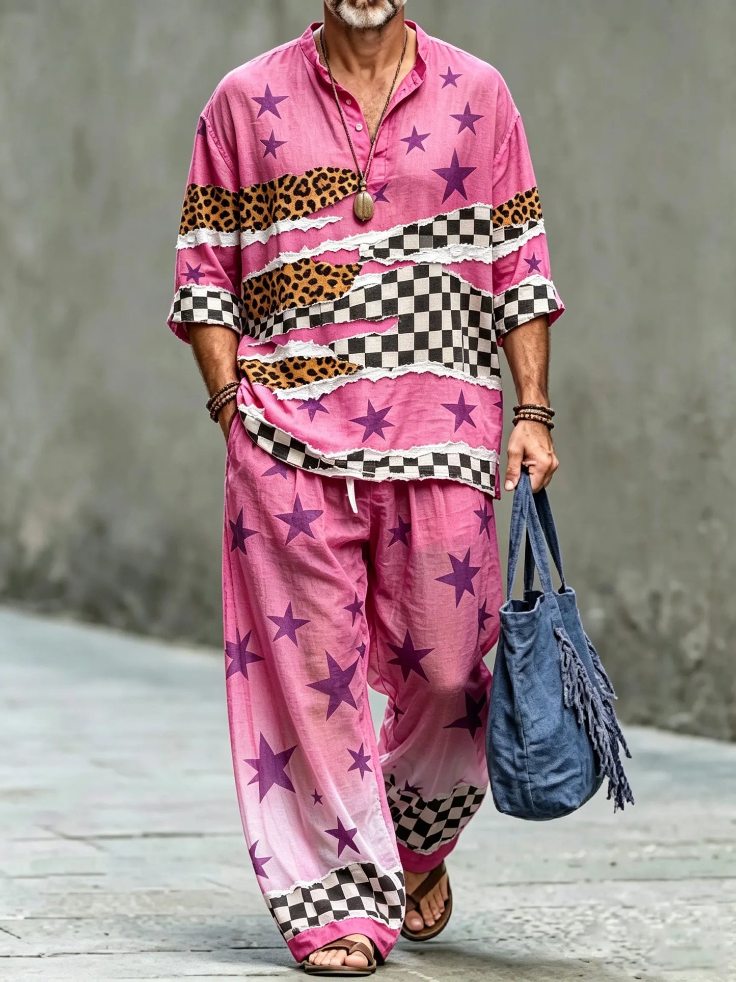 Men's Vintage Abstract Art Printed Cotton Shirt Set (Top & Pants)