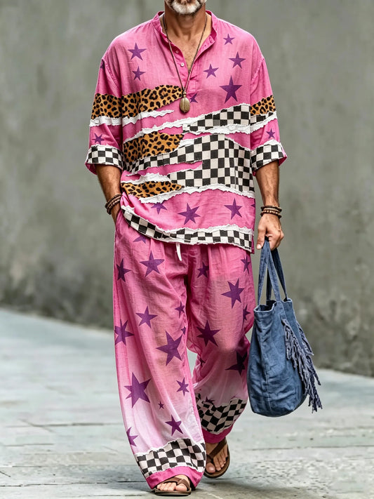 Men's Vintage Abstract Art Printed Cotton Shirt Set (Top & Pants)