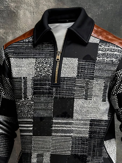 Men's Retro Color Block Print Color-Blocked Zip-Up Sweatshirt
