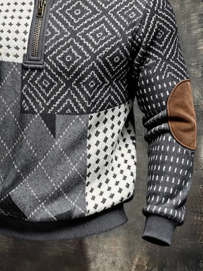 Men's Retro Color Block Print Color-Blocked Zip-Up Sweatshirt
